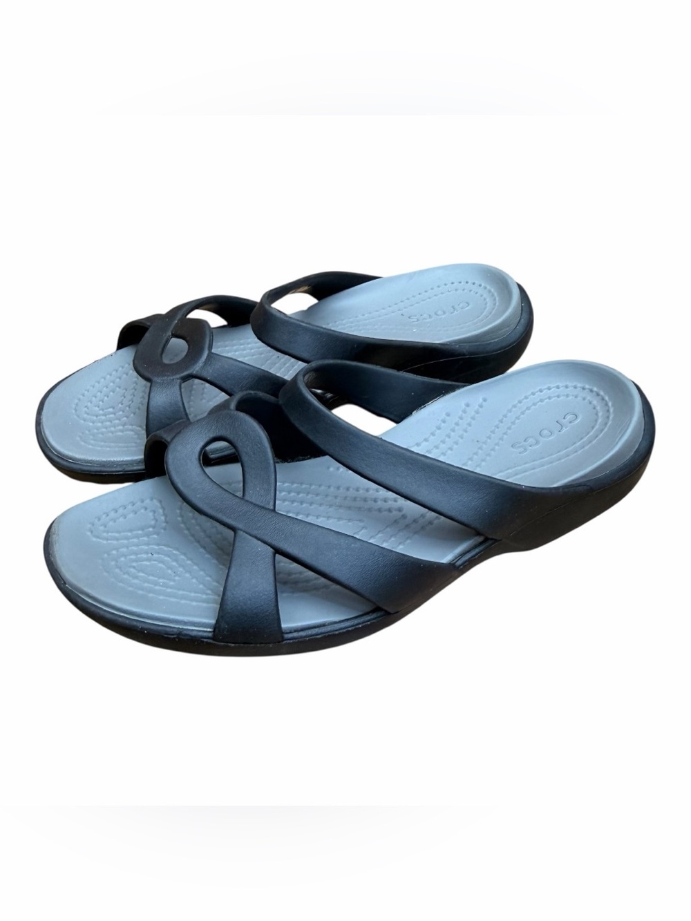 CROCS size 8 Black Strappy Slides with Light Gray Footbed